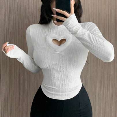 여성용 할로우 하트 장식 스탠드 칼라 긴팔 티셔츠, 봄 & 여름, 가을 옷 터틀넥 여성