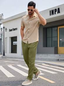 Manfinity VCAY 男士腰带纯色直筒宽松编织休闲裤 - 軍綠色 - 查看 7