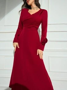 Modelyn Robe casual à manches longues avec décor floral de unicolore simple pour femmes - Rouge - Voir 6