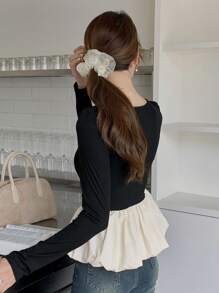 DAZY Women Crew Neck Colorblock Long Sleeve T-Shirt,Ruffle,Fall Clothes