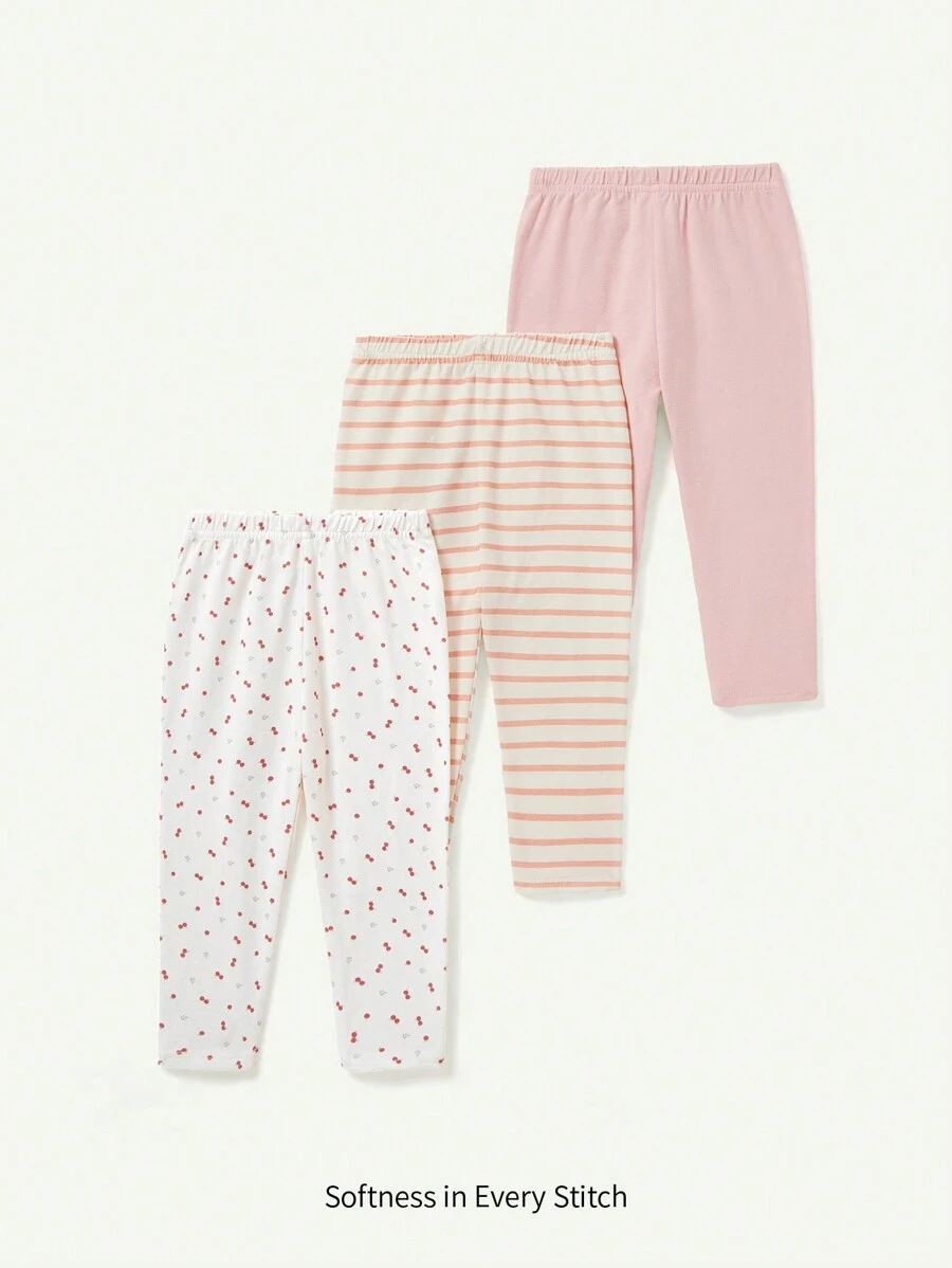 Cozy Pixies 嬰兒女童卡通圖案和純色小腳褲3入裝 - 粉色 - 查看 1