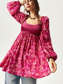 Bohemela Women's Floral Print Long Sleeve Mini Dress For Vacation, Autumn