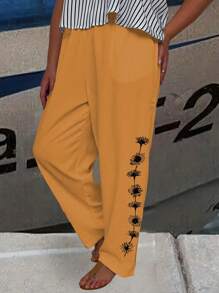 SHEIN LUNE Pantalones casuales sencillos con estampado floral para mujeres de talla grande - Amarillo - Ver 3
