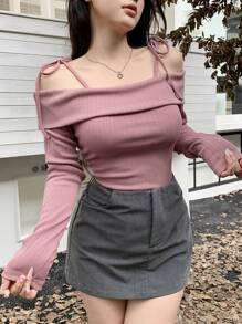 DAZY 女士露肩系带长袖休闲柔软T恤，秋季服装 - 粉色 - 查看 8