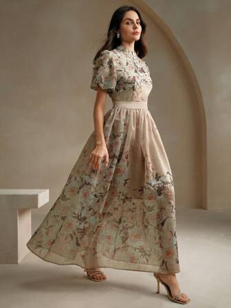 Anewsta Robe femme longue maxi à manches courtes bouffantes, col montant, avec imprimé floral positionné élégant de couleur jaune