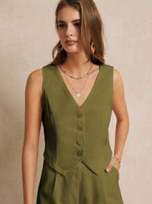 Poéselle Mùa hè, mùa cưới, áo vest không tay cổ chữ V dáng suông tối giản màu trơn phong cách boho chic với chi tiết cúc trang trí, thanh lịch, lãng mạn, dễ thương, mùa hè, mùa cưới. - xanh quân đội - Xem 5