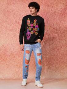 Simona Ahued X Day Of The Dead Artist Skeleton Print Casual Pullover Sweatshirt For Men, Holiday, Winter, Vacation, Valentine's Day, Spring, Festival
