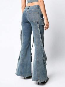 ROMWE Grunge Punk 低腰紧身工装口袋喇叭牛仔裤，学校 - 中等水洗藍 - 查看 2