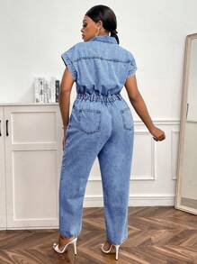 SHEIN SXY Bộ áo liền quần denim cỡ lớn có ve áo, túi cài cúc phía trước, tay áo cánh dơi - Rửa nhẹ - Xem 2
