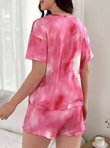 Tie Dye Print Half-Zip Short Sleeve Top And Shorts Pajama Set