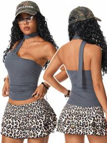 Muchica 女士 Y2K 派对时尚休闲音乐节狂欢音乐会针织系带挂脖背心 - 深灰色 - 查看 2