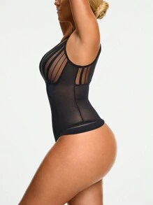 SHAPORA 女士纯色 V 领网眼拼接透视露背无袖连体塑身衣