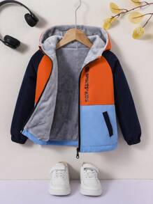 男童连帽拉链口袋撞色保暖内衬风衣夹克 - 藍色 - 查看 1