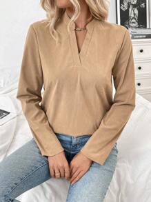 SHEIN LUNE بلوزة رقبة على شكل حرف V فضفاضة الحمالات طويلة مزينة بأزرار جلد المخمل للنساء - كاكي - مشاهدة 5