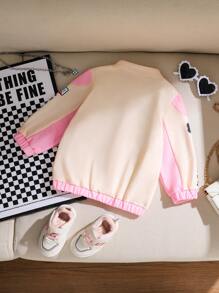 Baby Girls Letter Print Color Block Buttoned Front Long Sleeve Jacket, Casual Daily Wear