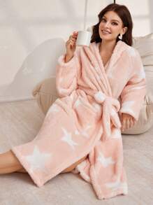 Star Print With Pockets Flannel Hooded Belted Robe For Women, For Fall Winter, Fluffy, Cozy - Baby Pink - View 4