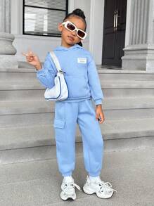 SHEIN 年輕女孩字母拼接袋鼠口袋下墜熱帽衫和汗褲 - 淺藍色 - 查看 5