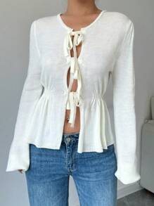 Chiquease Tie Front Ruffle Hem Cardigan Fall Cloth For Women - Beige - View 5