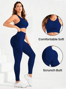 SHEIN Sport Studio Women Solid Color Crop Vest And Leggings Seamless Highly Elastic Sports Suit Workout Women Set Women Leggings Set