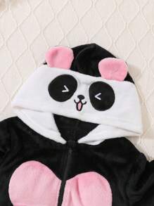 青少年女孩熊刺绣图案毛绒长袖长款连体衣休闲家居服 - 黑色 - 查看 3