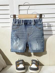 SHEIN Baby Boy Casual Cute Ripped Frayed High Stretch Blue Denim Shorts,For Outdoor Wear - Light Wash - View 1
