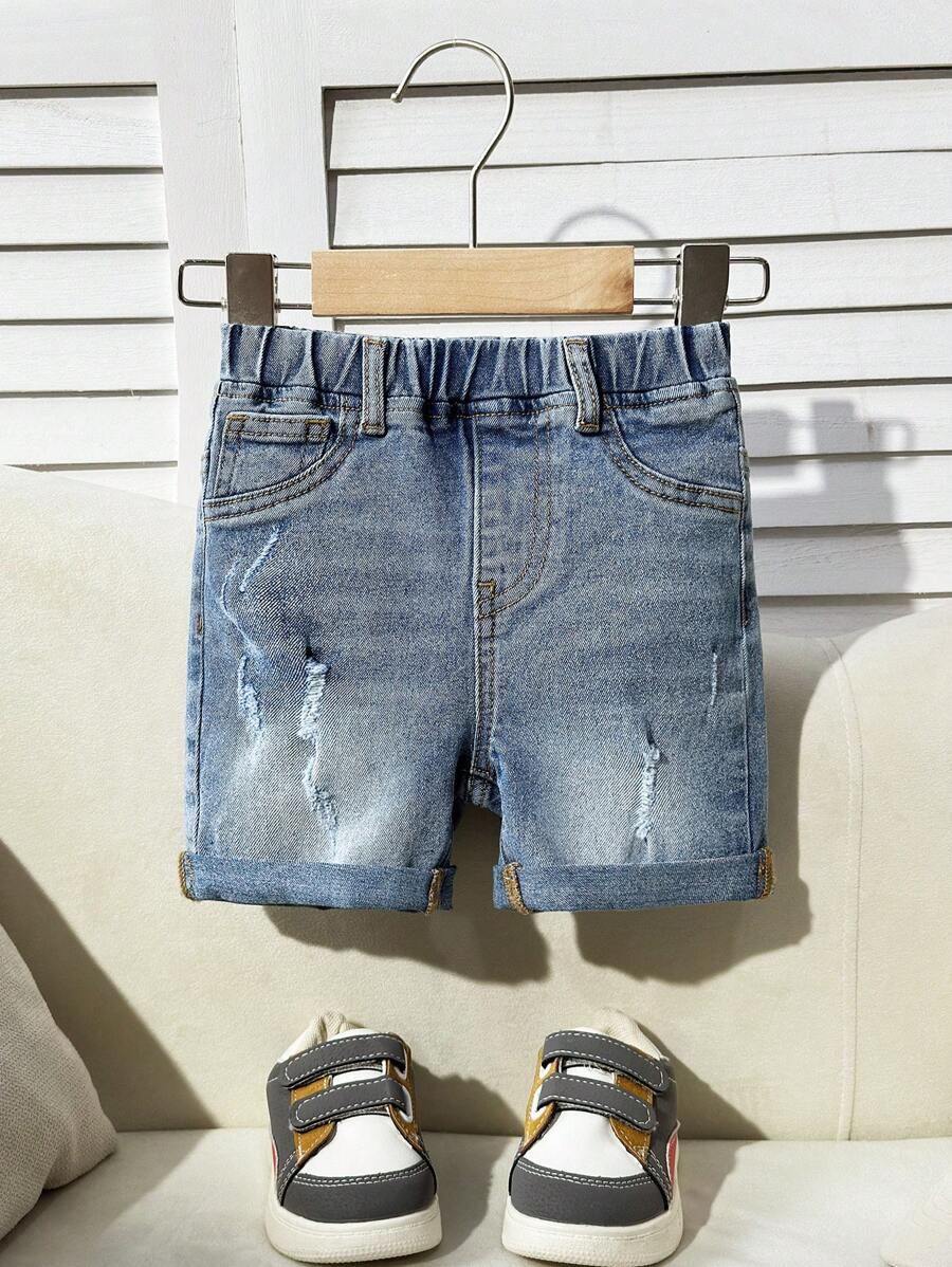 SHEIN Baby Boy Casual Cute Ripped Frayed High Stretch Blue Denim Shorts,For Outdoor Wear - Light Wash - View 1