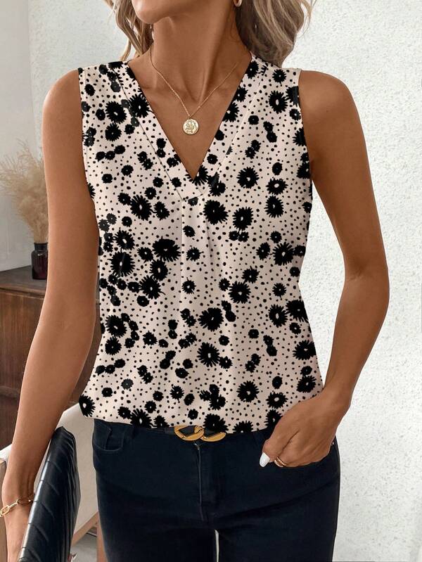 SHEIN Clasi Women V-Neck Sleeveless All-Over Floral Print Casual Vacation Blouse