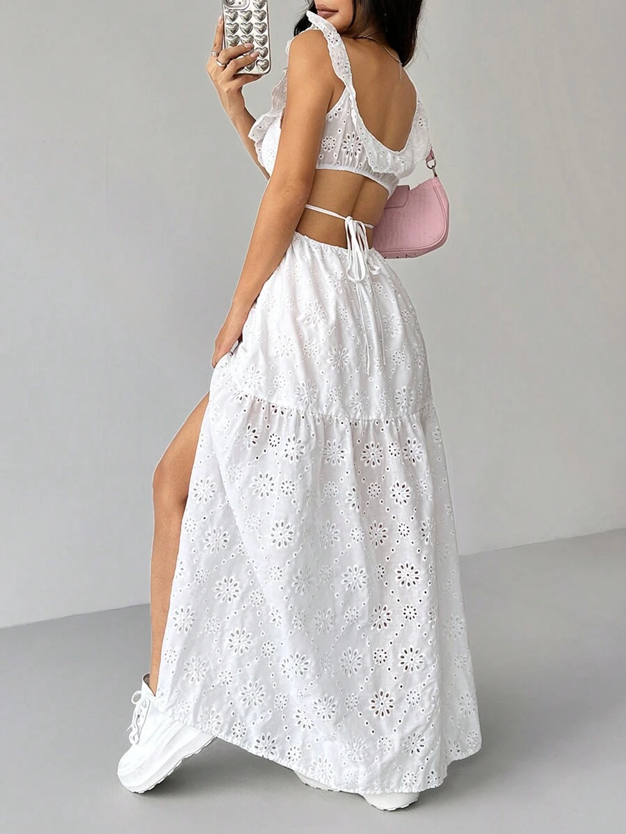 SHEIN EZwear Sexy Solid Color Hollow-Out Embroidered Backless High Slit Dress, Summer - White - View 1