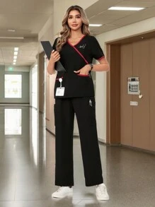 TaskEZ 短袖上衣和長褲對比邊緣制服套裝