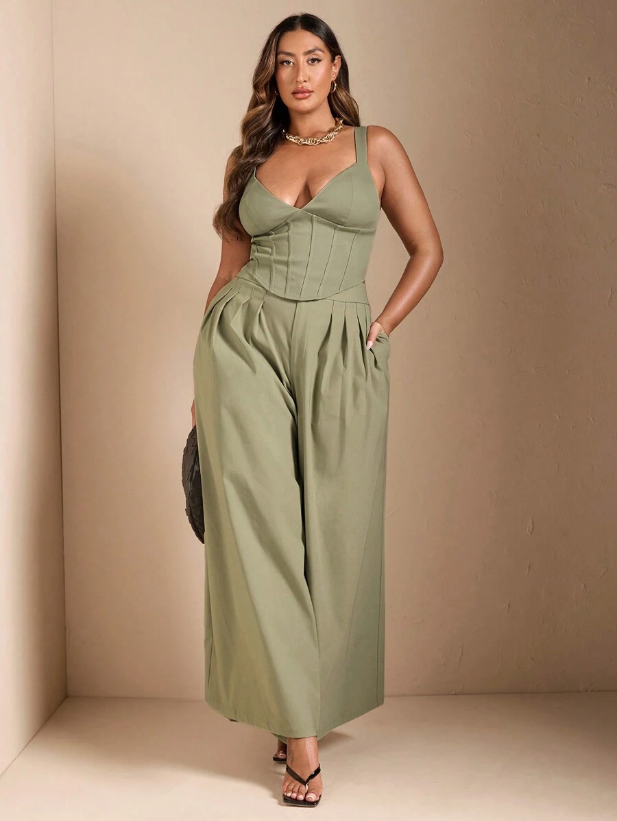 SHEIN BAE Pantaloni da abito eleganti e alla moda di colore verde chiaro a gamba larga diritta e con piega invertita per donne taglie forti, adatti per appuntamenti informali - Verde - Visualizzare 1