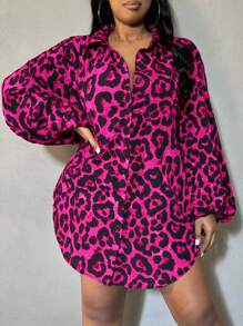 SHEIN SXY Plus Size Women's Leopard Print Lantern Sleeve Curved Hem Shirt, Suitable For All Seasons, Date Night, Birthday, Bachelorette Party, Casual, Shopping, Streetwear, Going Out, Vacation, Easy To Match&Looks Slim, Flatter The Figure