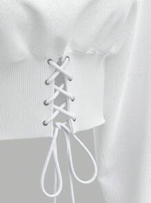 SHEIN EZwear White Knitted Ladies' Hoodie,Long Sleeve Tops In Fall/Winter - White - View 4