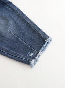 年轻女孩休闲浅色洗水平口袋破洞毛边筒形牛仔裤 - 中等水洗藍 - 查看 3