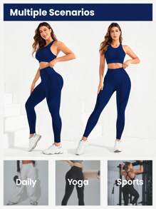 SHEIN Sport Studio Women Solid Color Crop Vest And Leggings Seamless Highly Elastic Sports Suit Workout Women Set Women Leggings Set