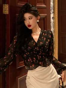 DAZY 女士全印花 V 领衬衫、长袖上衣、荷叶边、秋季女装