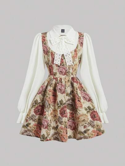 SHEIN MOD Vestido largo de manga larga con estampado floral retro 2 en 1 para mujer, vestido renacentista, vestidos de graduación, vestidos de otoño