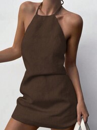 INAWLY Vestido mini de mujer sin espalda con cuello halter, sin mangas, de un solo color, de verano