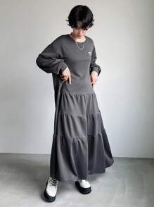FRIFUL Vestido de manga larga con cuello redondo estampado minimalista para mujer, con volantes