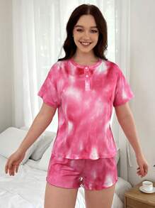 Tie Dye Print Half-Zip Short Sleeve Top And Shorts Pajama Set