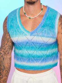 FeverCity Men's Loose Fit V-Neck Gradient Knitted Vest Sleeveless - Multicolor - View 3