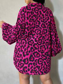 SHEIN SXY Plus Size Women's Leopard Print Lantern Sleeve Curved Hem Shirt, Suitable For All Seasons, Date Night, Birthday, Bachelorette Party, Casual, Shopping, Streetwear, Going Out, Vacation, Easy To Match&Looks Slim, Flatter The Figure