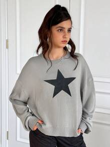 SHEIN Leap Crew 少女宽松圆领长袖纯灰色星形图案针织毛衣 - 灰色 - 查看 6