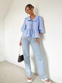 SHEIN Essnce 女士夏季宽松灯笼袖休闲可爱彼得潘领荷叶边蕾丝蓝格子衬衫上衣 - 藍白色 - 查看 4