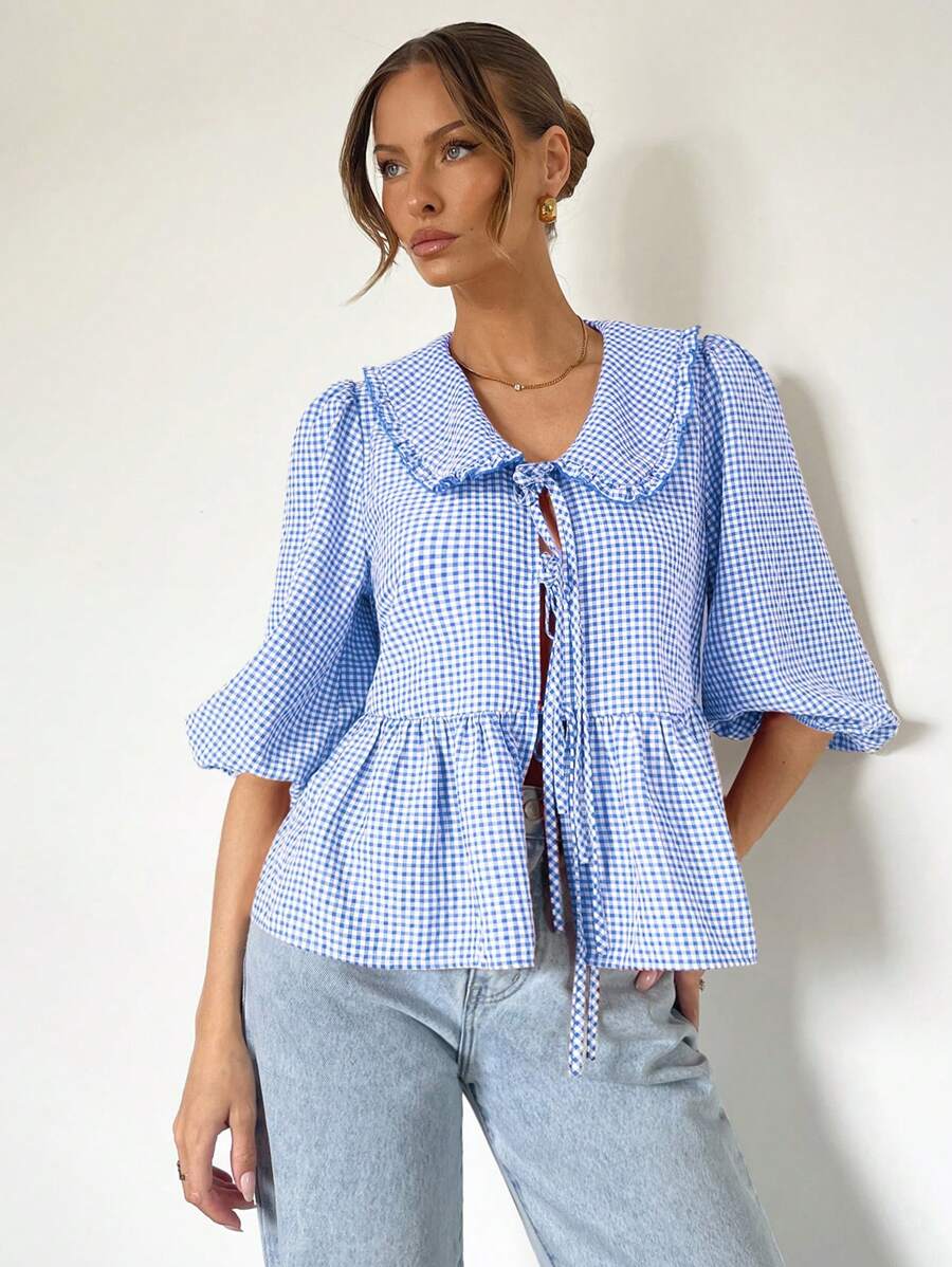 SHEIN Essnce 女士夏季宽松灯笼袖休闲可爱彼得潘领荷叶边蕾丝蓝格子衬衫上衣 - 藍白色 - 查看 1