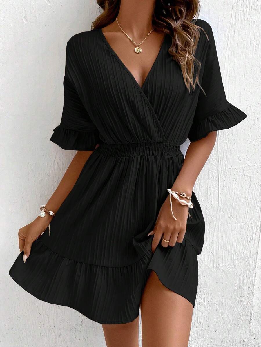 SHEIN LUNE Surplice Neck Flounce Sleeve Ruffle Hem Dress - Black - View 1