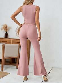 Calvaya Top elegante de mujer sin mangas con cuello en V, con adornos de flores 3D en unicolor, 2 piezas