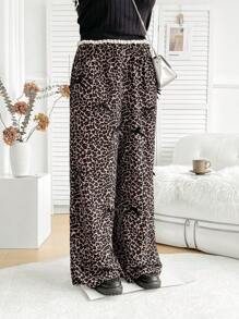 Dreamara Plus Size WYWH Women's Vacation Coffee Color Leopard Pattern Corduroy Bow Decoration Elastic Waist Straight Tube Pants - Multicolor - View 5