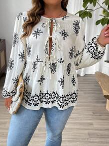 SHEIN LUNE 大码女式花卉印花系带灯笼袖荷叶边下摆宽松衬衫，春夏荷叶边上衣 - 杏色 - 查看 5