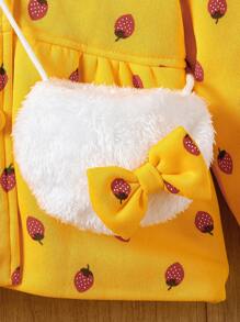 Girls Autumn And Winter Cute And Fun Style Small Strawberry Pattern Ruffled Decorative Hooded Bunny Ears Coat, Comfortable Fluff Inside, With Rope Fluffy Bow Small Bag - Multicolor - View 4