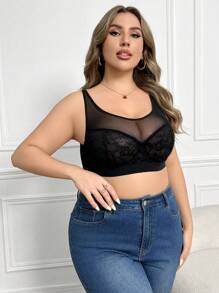 Plus Size Lace Contrast Mesh Underwire Lingerie Bra (1pc)